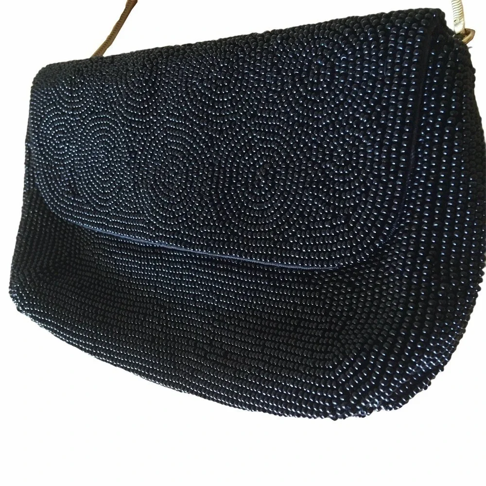RARE 1940s Harry Rosenfeld Vintage Black Beaded Triple Entry Evening Bag Purse